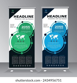 Rollup Banner Ständer Design mit abstrakter geometrischer Form, grün und blau Ständer Design, vertikale Banner, X Ständer Banner Vorlage. Pull up Banner, Präsentation und Broschüre Flyer. Vektor,