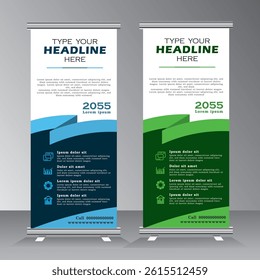 roll up banner stand design with abstract geometric colorful. Green and blue standee design, vertical banner, x standee banner template. pull up banner, presentation and brochure flyer. vector,