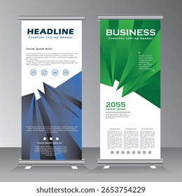 Diseño de soporte de Anuncio enrollado con colorido geométrico abstracto. Diseño de standee verde y azul, Anuncio de Vertical, Plantilla de Anuncio de standee x. Anuncio, presentación y folleto. Vector EPS 10