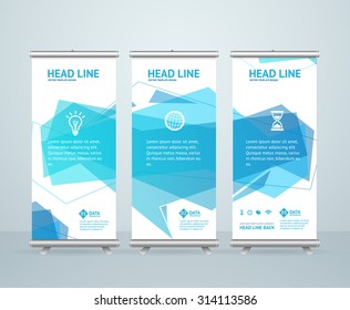 Roll Up Banner Stand Design With Abstract Geometric Blue Bubble Speech. Vector Illustration