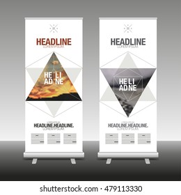 Roll Up Banner Stand Design with Abstract Geometric, vector illustration