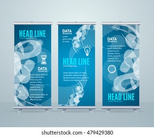 Roll Up Banner Stand Design with Abstract Geometric Shape on Blue. Vector illustration