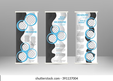 Roll up banner stand design. For  advertisement, poster, brochure, presentation, business template. Vector illustration. Blue color
