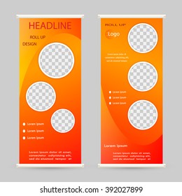 Roll up banner stand design. For advertisement, poster, brochure, presentation, business template. Vector illustration. Red orange color