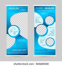 Roll up banner stand design. For advertisement, poster, brochure, presentation, business template. Vector illustration.  Blue color
