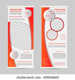 Roll up banner stand design. For advertisement, poster, brochure, presentation, business template. Vector illustration. Red orange color