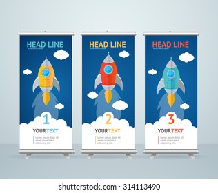 Roll Up Banner Stand Design with Flying Rocket in the Sky. Vector illustration