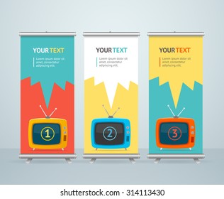 Roll Up Banner Stand Design with Retro Television. Flat Vector illustration