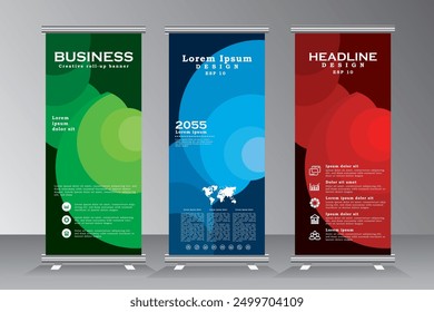 Roll up banner stand design set with three colour. new vertical banner template for business. Vector eps 10
