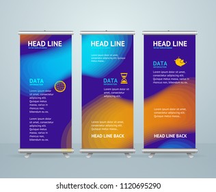 Roll Up Banner Stand Design Template with Abstract Colorful Shapes on a Purple for Advertising and Presentation. Vector illustration