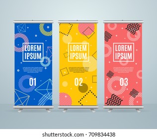 Roll Up Banner Stand Design Template Colorful Modern Geometric Shapes Trendy Design Memphys Style for Advertising and Presentation. Vector illustration of different banners