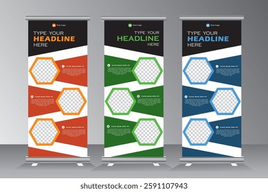 roll up banner stand design with three steps concept. three part roll up banner, orange, green and blue color standee design, vertical banner, x standee banner template. pull up. vector eps 10