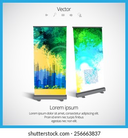 Roll up banner stand design. Vector.