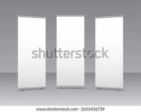 Roll up banner stand display mockup poster wall vector screen background. Roll-up banner design