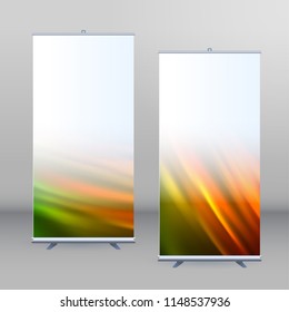 Roll Up Banner Stand isolated on clean background with blank pop up banner display template for designers. Vector set illustration EPS 10. Example hot background blur design element your presentation