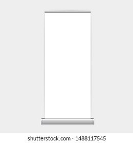 Roll up banner stand isolated on clean background, realistic mockup. Vertical blank roll up board, design template display for exhibition productor, promotional presentation. Vector 
