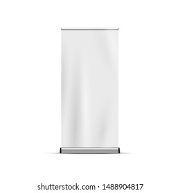 Roll up banner stand isolated on white background. Vertical blank roll up board, design template banner display for exhibition productor. Vector empty white show display mock up