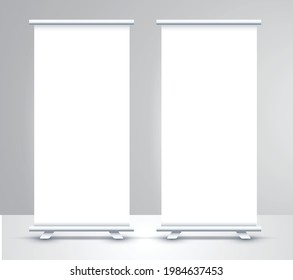 Roll up banner stand isolated on gradient background. Vector empty white show display mock up for presentation or exhibition your product. Vertical blank roll up board for trade advertising design
