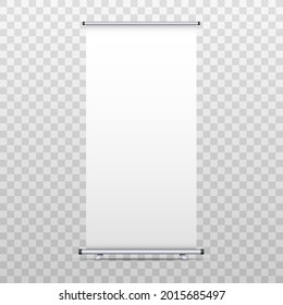 Roll up banner stand isolated on transparent background. Realistic advertising billboard banner. White poster mockup. Template design concept for presentation, exhibition, advertising. Vector