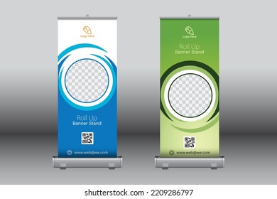 Roll up banner stand isolated on transparent background. Modern Exhibition Advertising Trend Business Poster Brochure flat design template creative concept.