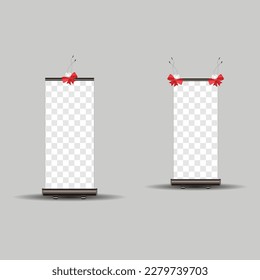 Sube el banner aislado en segundo plano. La exhibición de un espectáculo blanco vectorial vacío se burla de la presentación o exhibición de su producto. Placa vertical de enrollamiento en blanco para el diseño de publicidad comercial
