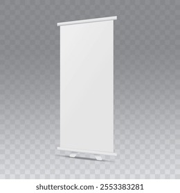 Roll up banner stand isolated on white background. Vector blank display mockup for presentation or exhibition product template