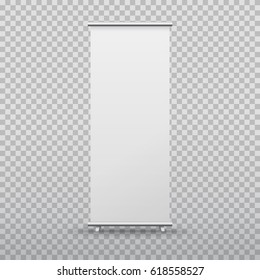 Roll up banner stand isolated on transparent background. Vector empty white show display mock up for presentation or exhibition your product. Vertical blank roll up board for trade advertising design