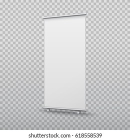 Poner en marcha el soporte de banners aislado en un fondo transparente. La exhibición de un espectáculo blanco vectorial vacío se burla de la presentación o exhibición de su producto. Placa vertical de enrollamiento en blanco para el diseño de publicidad comercial