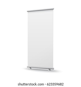 Roll Up Banner Stand Isolated On White Background. Vector Empty Show Display Mock Up For Presentation Or Exhibition Your Product. Vertical Blank Roll Up Board For Trade Advertising Design