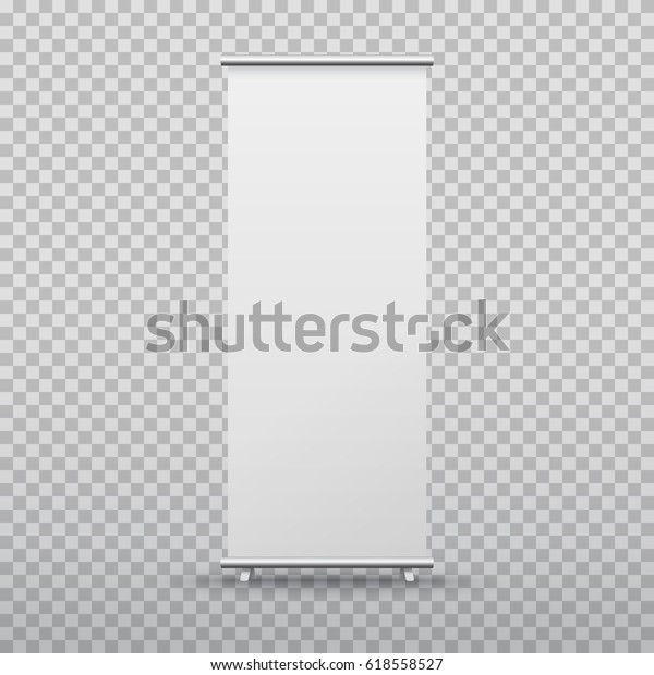 Roll up banner stand isolated on transparent\
background. Vector empty white show display mock up for\
presentation or exhibition your product. Vertical blank roll up\
board for trade advertising\
design