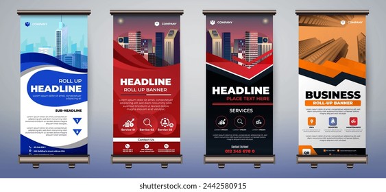 Roll up banner. stand banner layout, advertisement, pull up, polygon background, vector illustration, business flyer, display, x-banner, flag-banner, infographics, presentation
