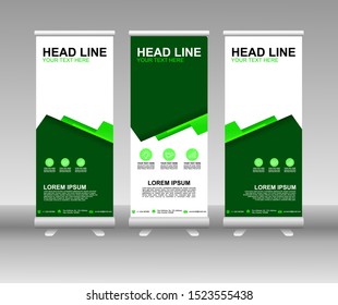Roll up banner stand. Modern Vertical Flag Banner Design with abstract green background can be used for Annual Report, Cover, Flyer, Magazine, Presentation, Poster, Website. Vector template design
