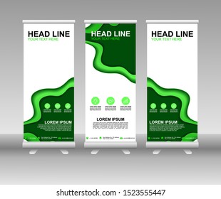 Roll up banner stand. Modern Vertical Flag Banner Design with abstract green background can be used for Annual Report, Cover, Flyer, Magazine, Presentation, Poster, Website. Vector template design
