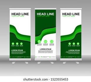 Roll up banner stand. Modern Vertical Flag Banner Design with abstract green background can be used for Annual Report, Cover, Flyer, Magazine, Presentation, Poster, Website. Vector template design