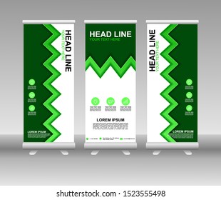 Roll up banner stand. Modern Vertical Flag Banner Design with abstract green background can be used for Annual Report, Cover, Flyer, Magazine, Presentation, Poster, Website. Vector template design