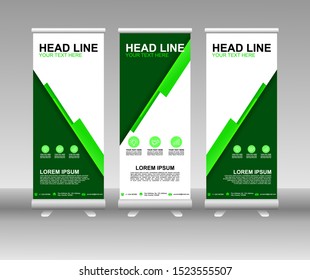 Roll up banner stand. Modern Vertical Flag Banner Design with abstract green background can be used for Annual Report, Cover, Flyer, Magazine, Presentation, Poster, Website. Vector template design