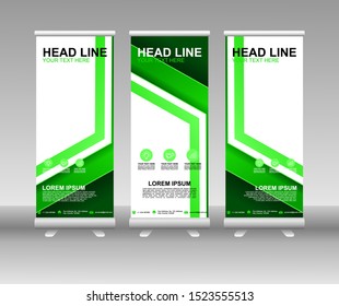 Roll up banner stand. Modern Vertical Flag Banner Design with abstract green background can be used for Annual Report, Cover, Flyer, Magazine, Presentation, Poster, Website. Vector template design