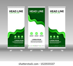 Roll up banner stand. Modern Vertical Flag Banner Design with abstract green background can be used for Annual Report, Cover, Flyer, Magazine, Presentation, Poster, Website. Vector template design
