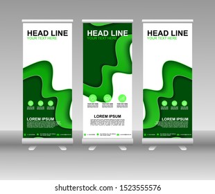Roll up banner stand. Modern Vertical Flag Banner Design with abstract green background can be used for Annual Report, Cover, Flyer, Magazine, Presentation, Poster, Website. Vector template design