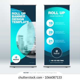 Roll Up banner stand presentation concept. Corporate business roll up template background. Vertical template billboard, banner stand or flag design layout. Poster for conference, forum, shop