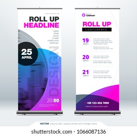 Roll Up banner stand presentation concept. Corporate business roll up template background. Vertical template billboard, banner stand or flag design layout. Poster for conference, forum, shop