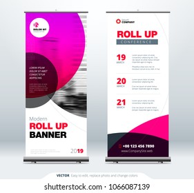 Roll Up banner stand presentation concept. Corporate business roll up template background. Vertical template billboard, banner stand or flag design layout. Poster for conference, forum, shop