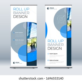 Roll Up banner stand presentation concept. Corporate business roll up template background. Vertical template billboard, banner stand or flag design layout. Poster for conference, forum, shop