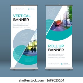 Roll Up banner stand presentation concept. Corporate business roll up template background. Vertical template billboard, banner stand or flag design layout. Poster for conference, forum, shop