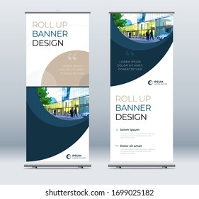 Roll Up banner stand presentation concept. Corporate business roll up template background. Vertical template billboard, banner stand or flag design layout. Poster for conference, forum, shop
