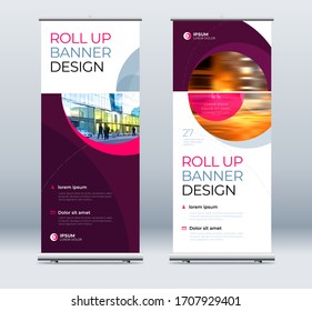 Roll Up banner stand presentation concept. Corporate business roll up template background. Vertical template billboard, banner stand or flag design layout. Poster for conference, forum, shop