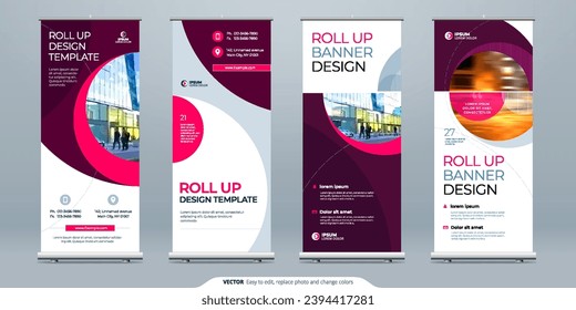 Roll Up banner stand presentation concept. Corporate business roll up template background. Vertical template billboard, banner stand or flag design layout. Poster for conference, forum, shop