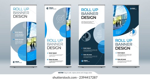 Roll Up Banner Standpräsentationskonzept. Corporate Business Roll-Up-Vorlagenhintergrund Vertikale Vorlagenplakate, Bannerständer oder Flag-Design-Layout. Poster für Konferenz, Forum, Shop