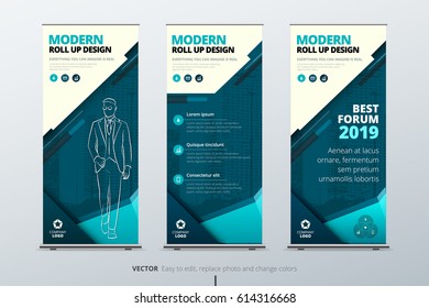 Roll Up banner stand. Presentation concept. Teal Corporate business roll up template background. Vertical template billboard, banner stand or flag design layout. Poster for conference, forum, shop