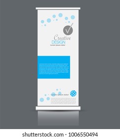 Roll up banner stand template. Abstract background for design,  business, education, advertisement. Vector  illustration. Blue color.